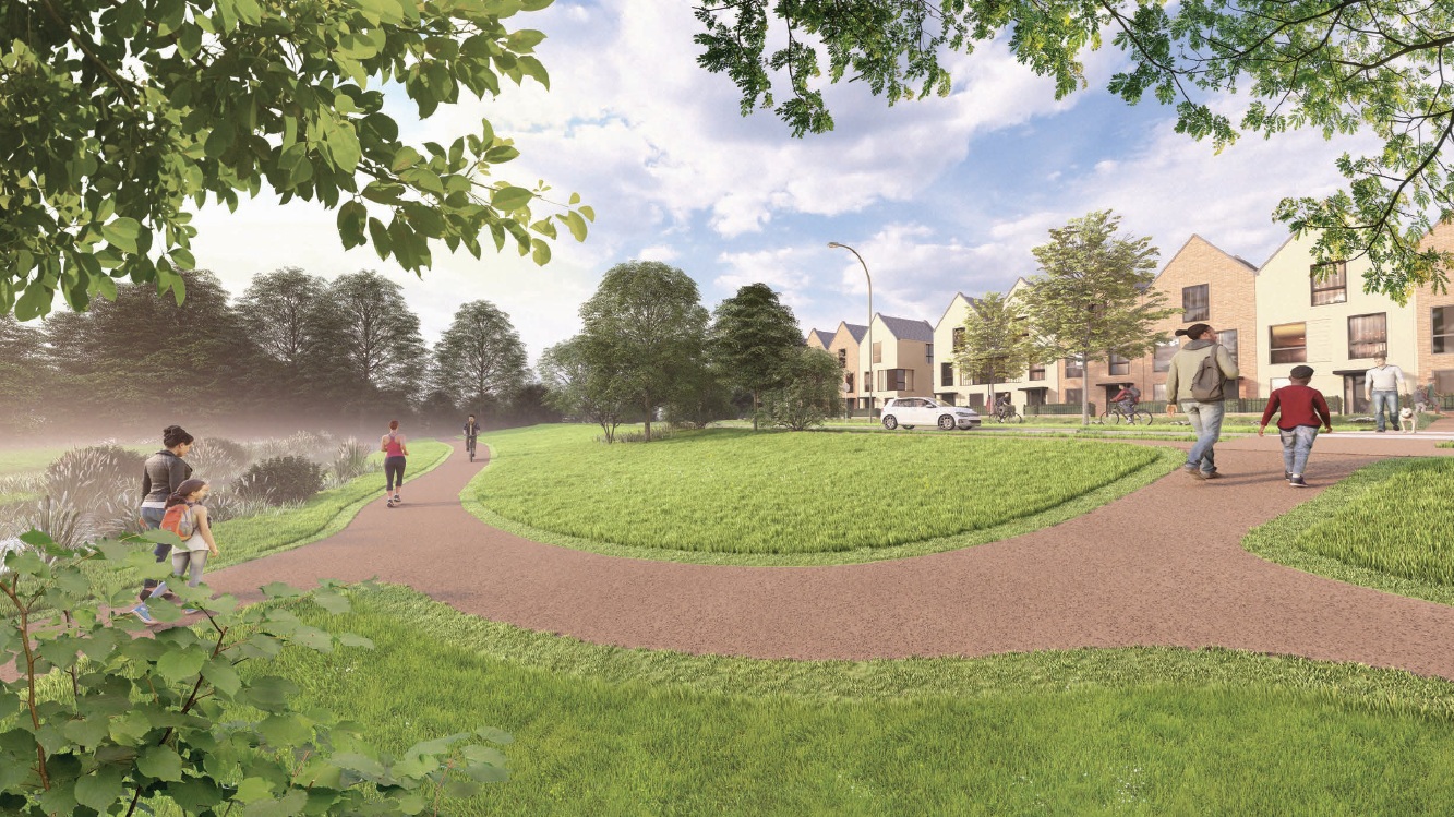 A CGI of one of the Wychavon Town neighbourhoods with paths, open space and houses in the background.