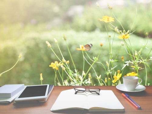 Some glasses and a phone on a notepad on a desk looking at a butterfly.
