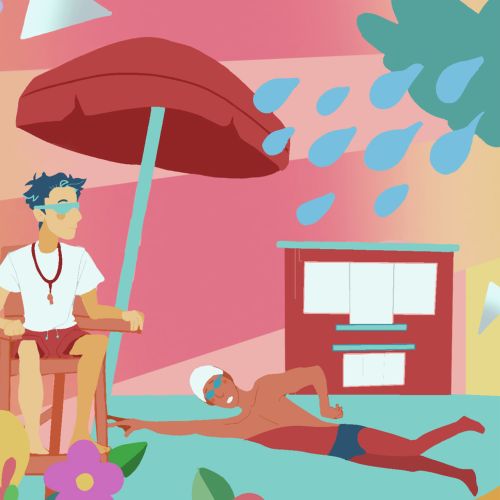 Illustrative artwork of male swimming the breast stroke and male lifeguard