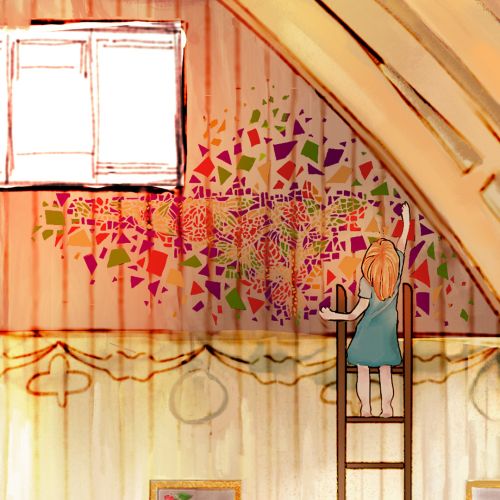Illustration of mosaics including the girl on the ladder