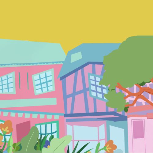 Illustrative artwork of young women on a high street, surrounded by wonky buildings