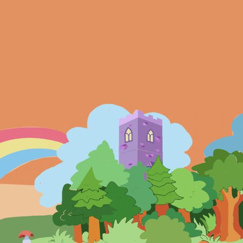 Illustrative artwork of a rainbow over Lido Park in Droitwich