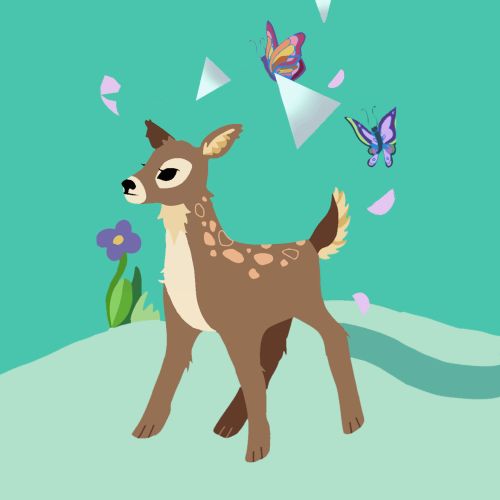 Illustrative artwork of a deer surrounded by colourful butterflies 