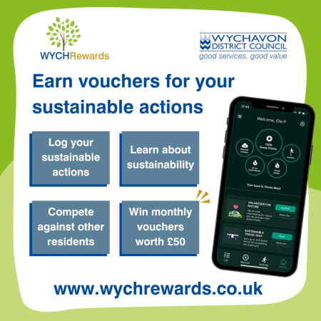 A graphic showing a mobile phone with four grey boxes on showing the steps people can take to sign up to WychRewards.